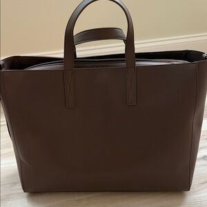 CALPAK Brown Leather tote with suitcase slip and removable insert